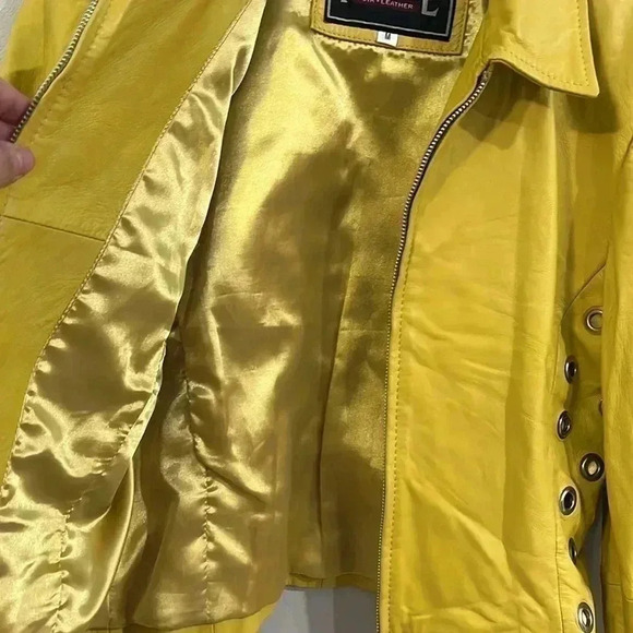 [M]Vintage  PLONGE Yellow Leather Cropped Women Jacket with Eyelet around Waist - Picture 6 of 13
